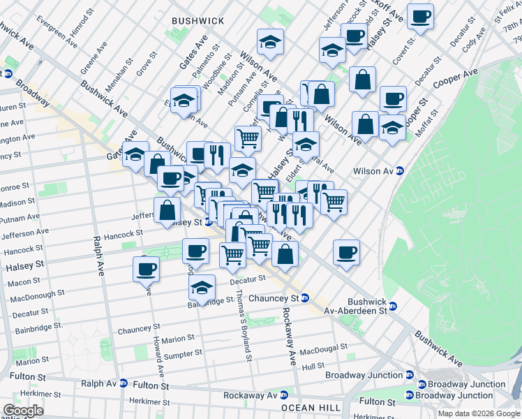 map of restaurants, bars, coffee shops, grocery stores, and more near 1283 Bushwick Avenue in Brooklyn