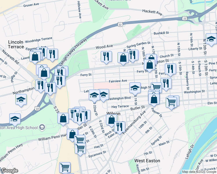 map of restaurants, bars, coffee shops, grocery stores, and more near 250 South 21st Street in Easton