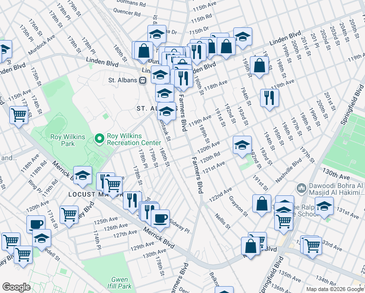 map of restaurants, bars, coffee shops, grocery stores, and more near 187-22 119th Road in Queens