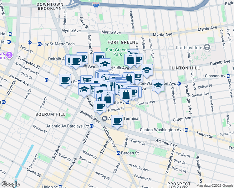 map of restaurants, bars, coffee shops, grocery stores, and more near 66 Lafayette Avenue in Brooklyn
