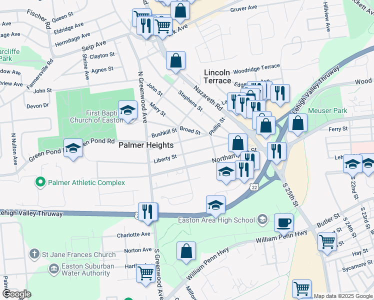 map of restaurants, bars, coffee shops, grocery stores, and more near 2661 Liberty Street in Easton