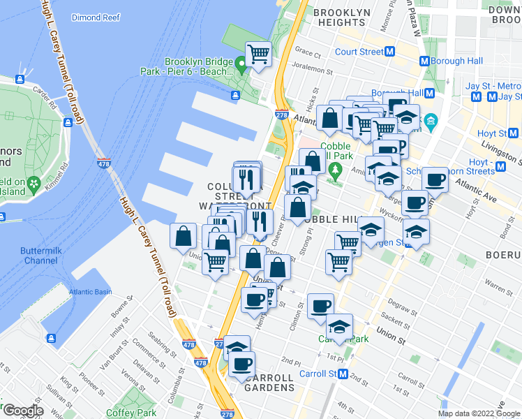 map of restaurants, bars, coffee shops, grocery stores, and more near 90 Kane Street in Brooklyn