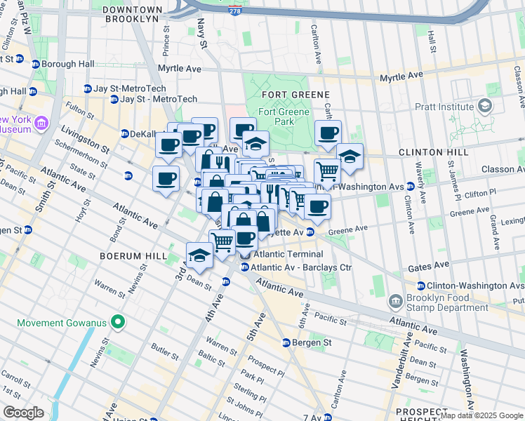 map of restaurants, bars, coffee shops, grocery stores, and more near Lafayette Ave & Fort Greene Pl in Brooklyn