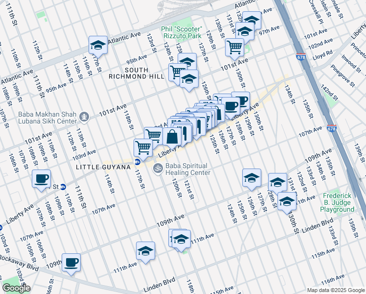 map of restaurants, bars, coffee shops, grocery stores, and more near 123-1 Liberty Avenue in Queens