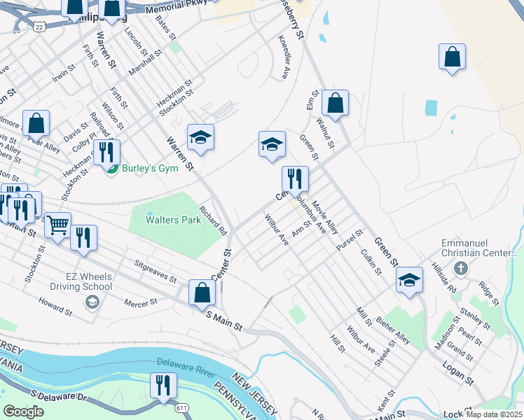 map of restaurants, bars, coffee shops, grocery stores, and more near Center Street in Phillipsburg