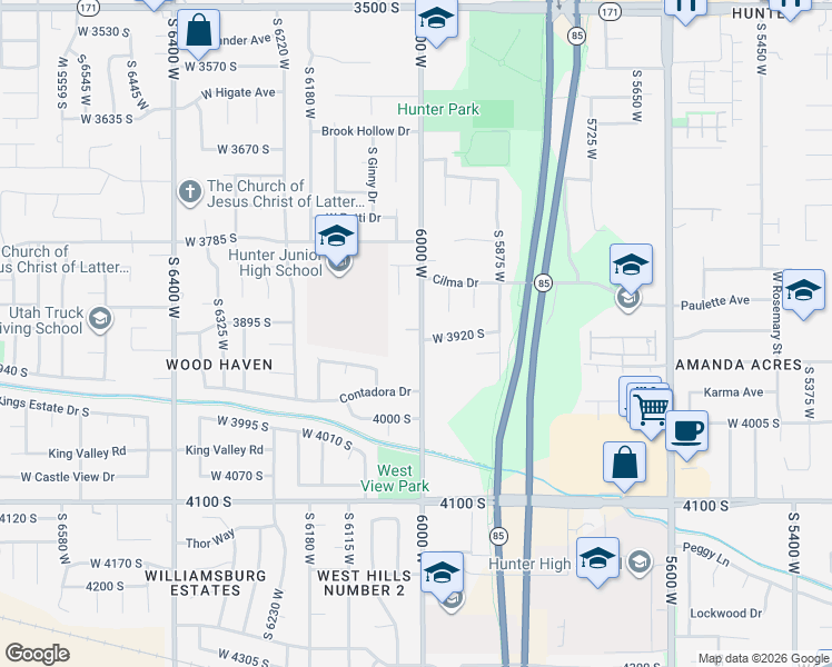 map of restaurants, bars, coffee shops, grocery stores, and more near 3876 6000 West in West Valley City