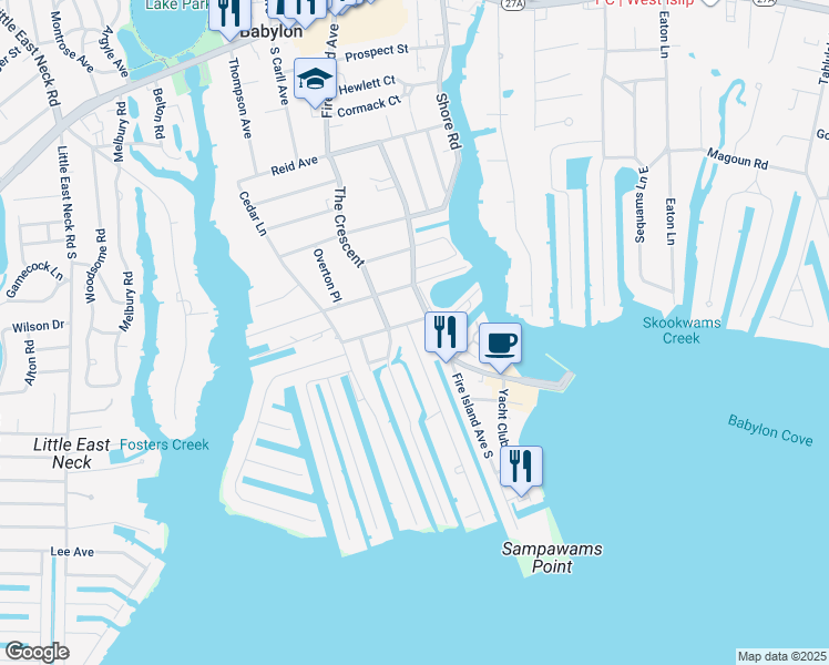 map of restaurants, bars, coffee shops, grocery stores, and more near 358 Fire Island Avenue in Babylon