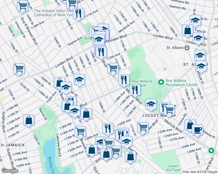 map of restaurants, bars, coffee shops, grocery stores, and more near 116-17 170th Street in Queens