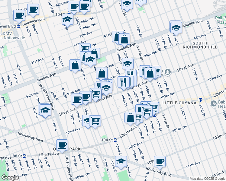map of restaurants, bars, coffee shops, grocery stores, and more near 97-37 106th Street in Queens