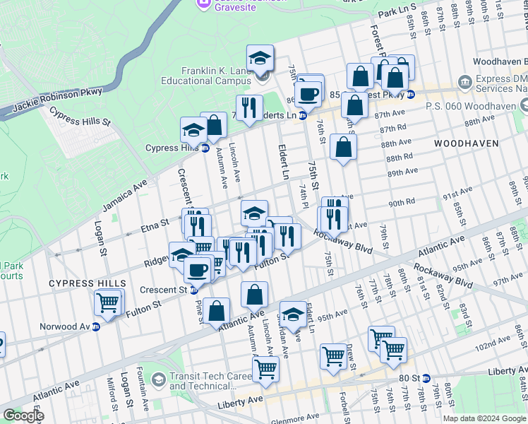 map of restaurants, bars, coffee shops, grocery stores, and more near 133 Nichols Avenue in Brooklyn
