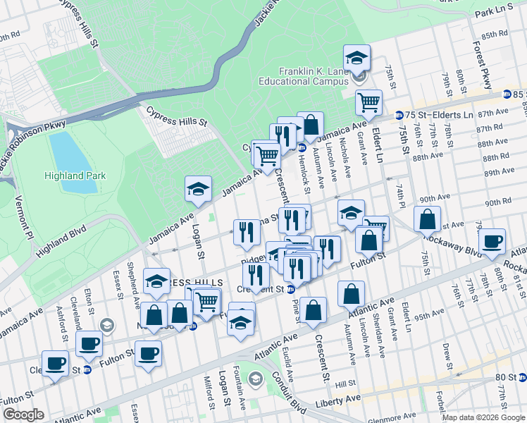 map of restaurants, bars, coffee shops, grocery stores, and more near 49 Euclid Avenue in Brooklyn