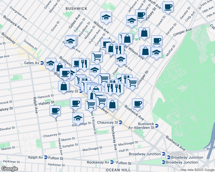 map of restaurants, bars, coffee shops, grocery stores, and more near 89 Eldert Street in Brooklyn