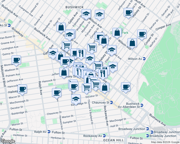 map of restaurants, bars, coffee shops, grocery stores, and more near 1259 Bushwick Avenue in Brooklyn