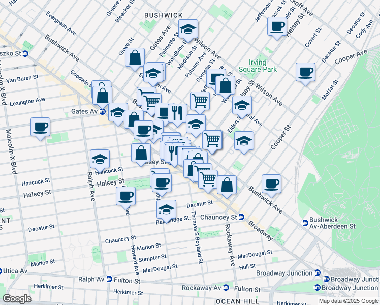 map of restaurants, bars, coffee shops, grocery stores, and more near 1024 Hancock Street in Brooklyn