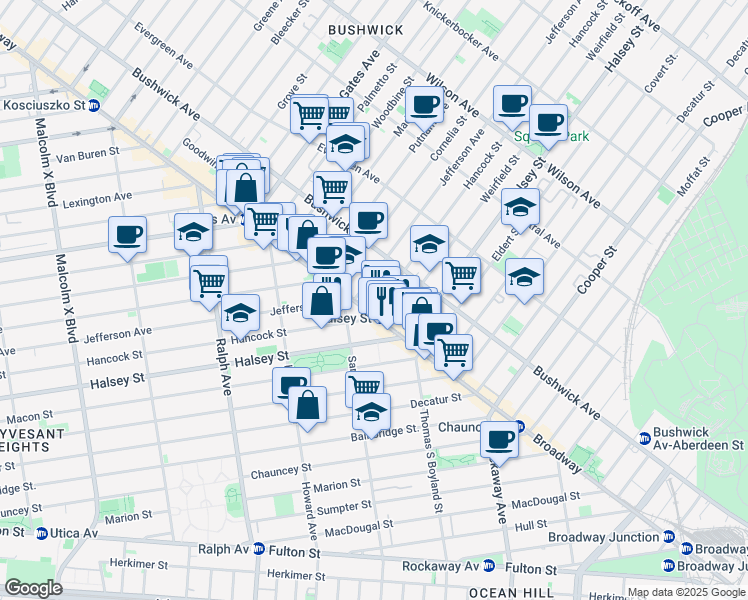map of restaurants, bars, coffee shops, grocery stores, and more near 1045 Jefferson Avenue in Brooklyn
