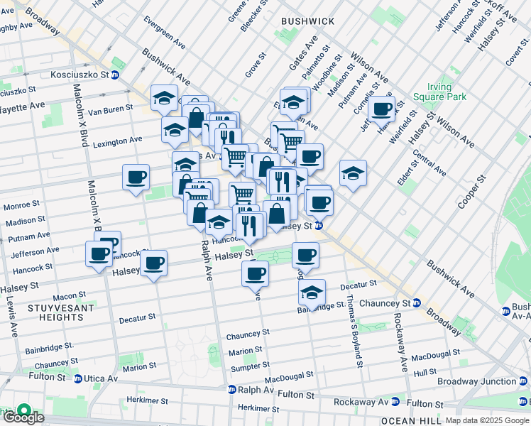 map of restaurants, bars, coffee shops, grocery stores, and more near 1021 Putnam Avenue in Brooklyn