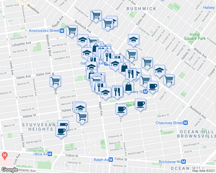 map of restaurants, bars, coffee shops, grocery stores, and more near 989 Putnam Avenue in Brooklyn