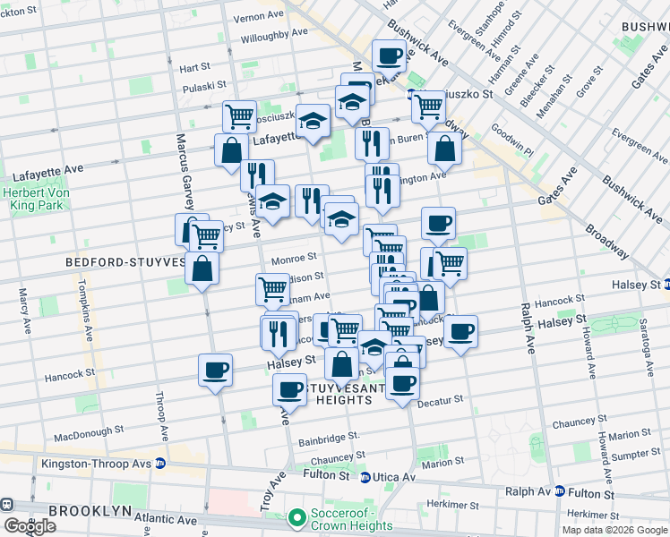 map of restaurants, bars, coffee shops, grocery stores, and more near 626A Monroe Street in Brooklyn