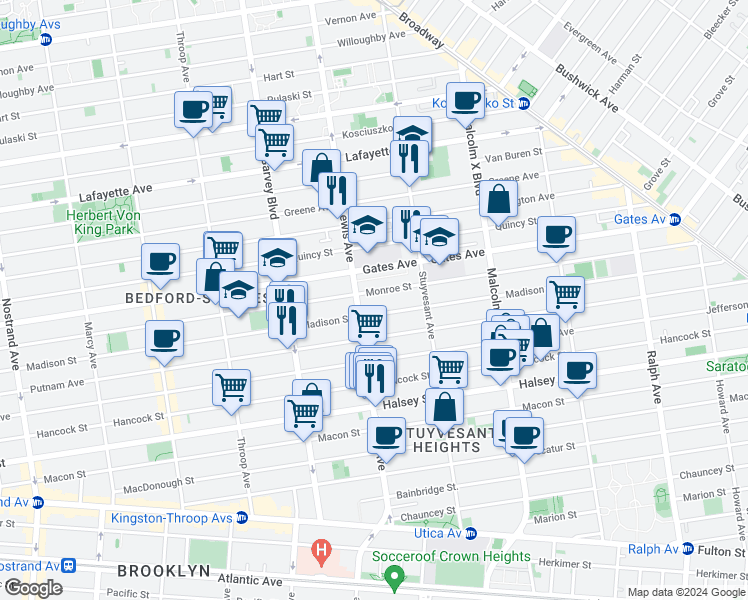 map of restaurants, bars, coffee shops, grocery stores, and more near 547 Monroe Street in Brooklyn