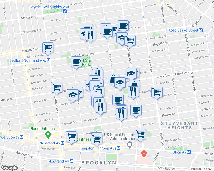 map of restaurants, bars, coffee shops, grocery stores, and more near in Brooklyn