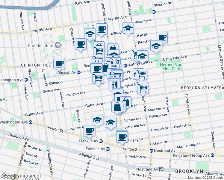 map of restaurants, bars, coffee shops, grocery stores, and more near 1065 Bedford Avenue in Brooklyn