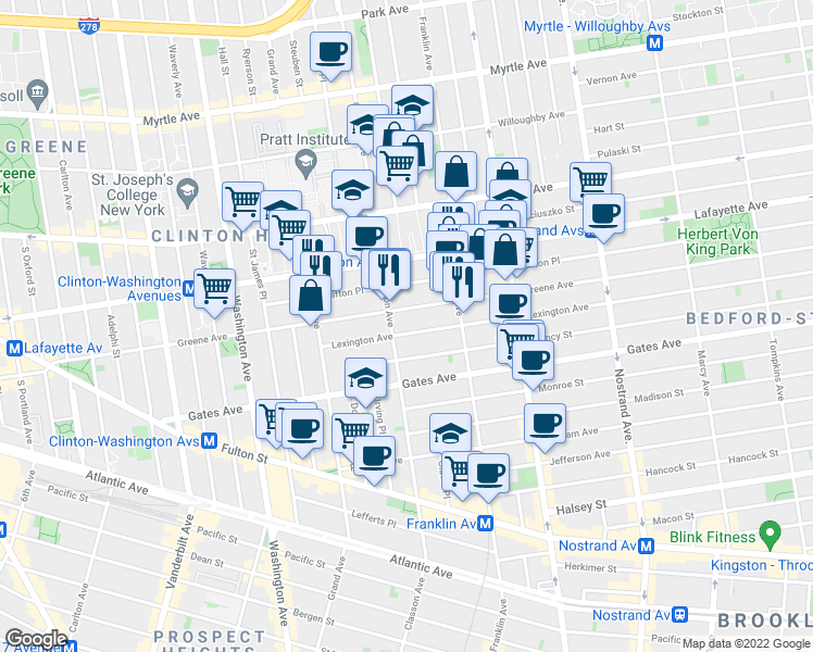 map of restaurants, bars, coffee shops, grocery stores, and more near 315 Greene Avenue in Brooklyn