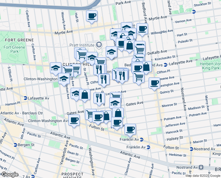 map of restaurants, bars, coffee shops, grocery stores, and more near 247 Greene Avenue in Brooklyn