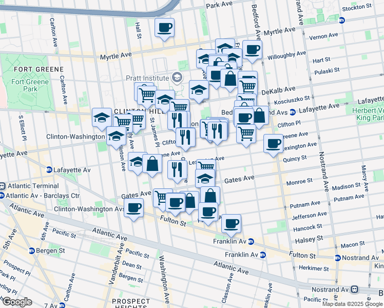 map of restaurants, bars, coffee shops, grocery stores, and more near 247 Greene Avenue in Brooklyn