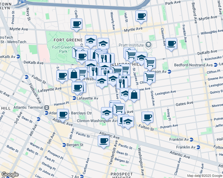 map of restaurants, bars, coffee shops, grocery stores, and more near 356 Clinton Avenue in Brooklyn
