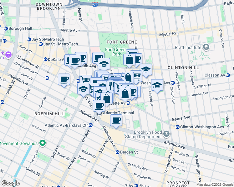 map of restaurants, bars, coffee shops, grocery stores, and more near 75 South Elliott Place in Brooklyn