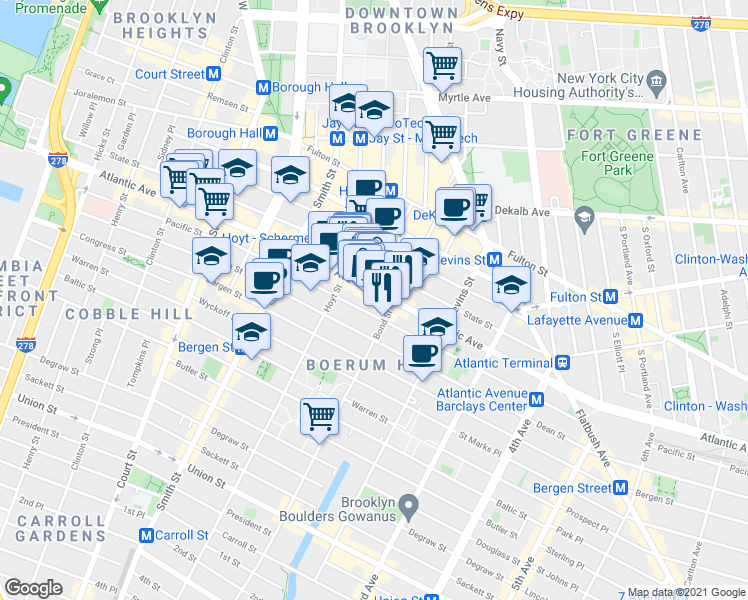 map of restaurants, bars, coffee shops, grocery stores, and more near 367 Atlantic Avenue in Brooklyn
