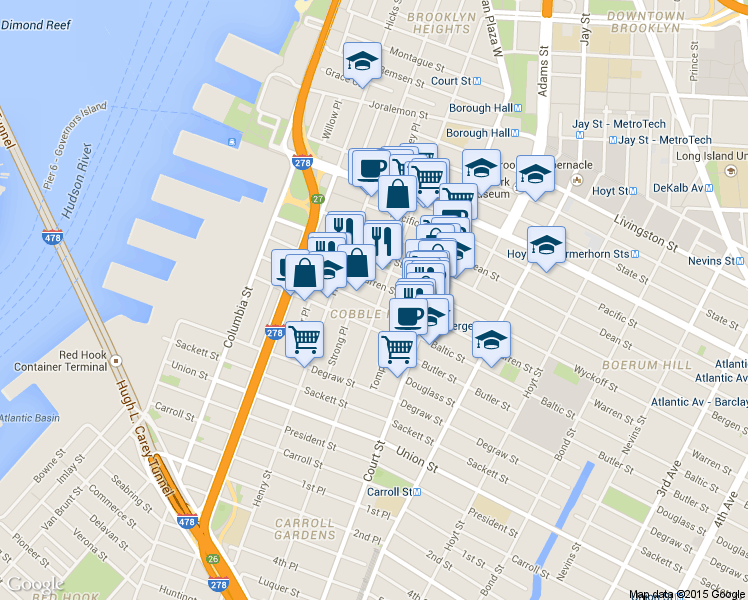 map of restaurants, bars, coffee shops, grocery stores, and more near 198 Warren Street in Brooklyn