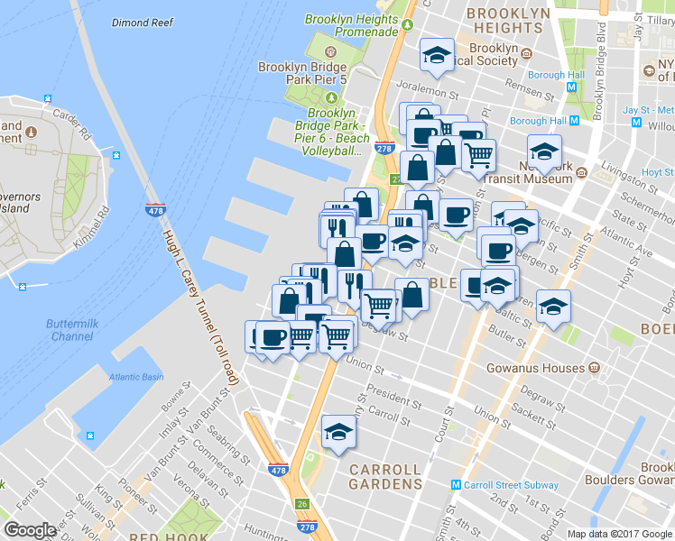 map of restaurants, bars, coffee shops, grocery stores, and more near 90 Kane Street in Brooklyn