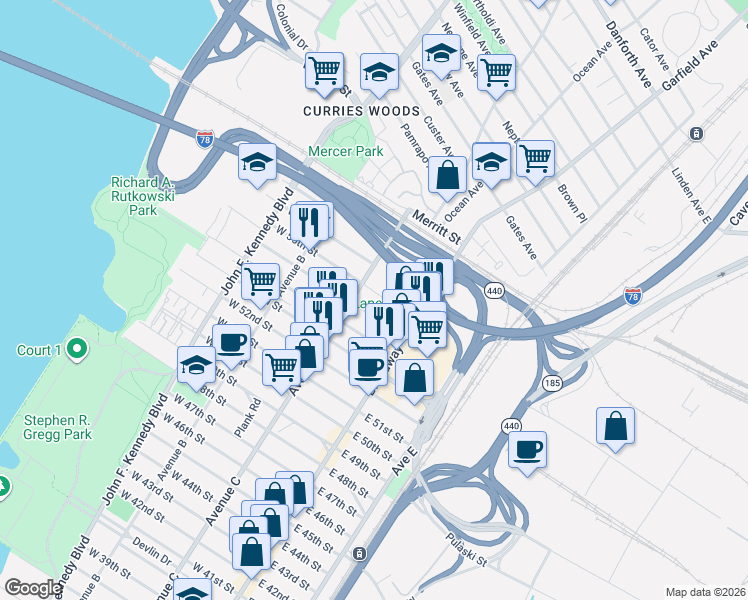 map of restaurants, bars, coffee shops, grocery stores, and more near 53 West 56th Street in Bayonne