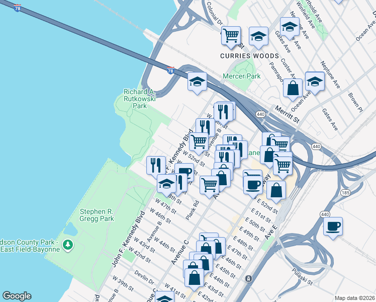 map of restaurants, bars, coffee shops, grocery stores, and more near 1183 John F. Kennedy Boulevard in Bayonne