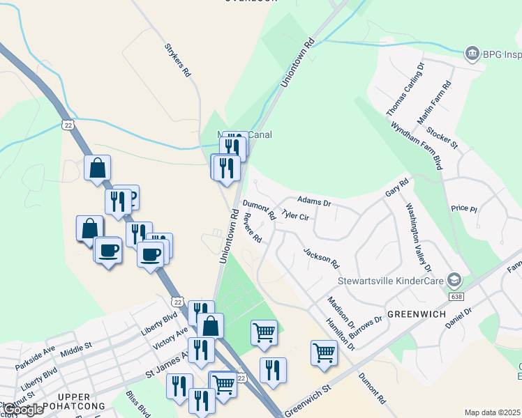 map of restaurants, bars, coffee shops, grocery stores, and more near 906 Tyler Circle in Greenwich Township