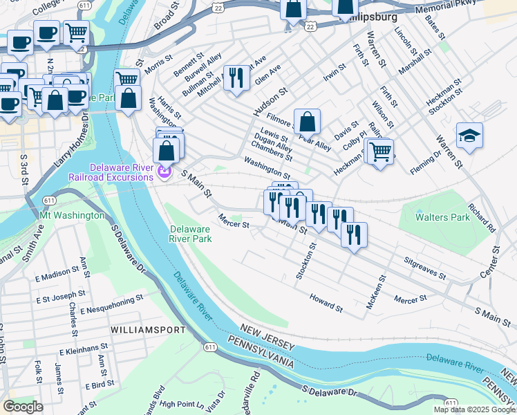 map of restaurants, bars, coffee shops, grocery stores, and more near 309 South Main Street in Phillipsburg