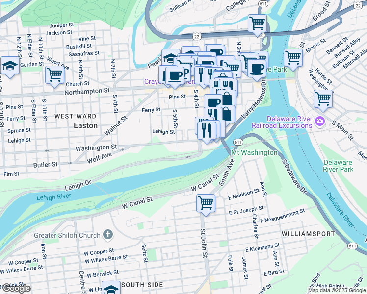 map of restaurants, bars, coffee shops, grocery stores, and more near in Easton