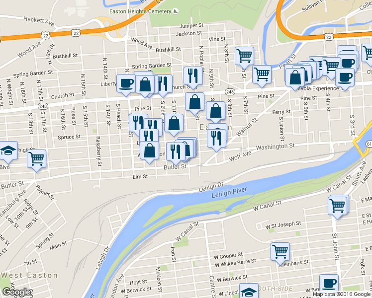 map of restaurants, bars, coffee shops, grocery stores, and more near 1038 Lehigh Street in Easton
