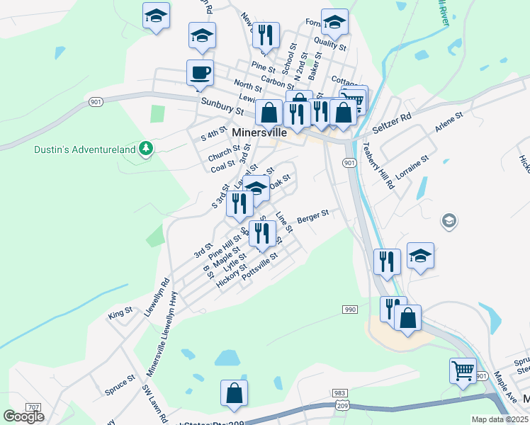 map of restaurants, bars, coffee shops, grocery stores, and more near 316 Pine Hill Street in Minersville