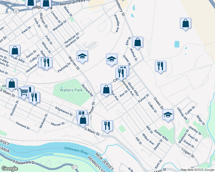map of restaurants, bars, coffee shops, grocery stores, and more near Center Street in Phillipsburg