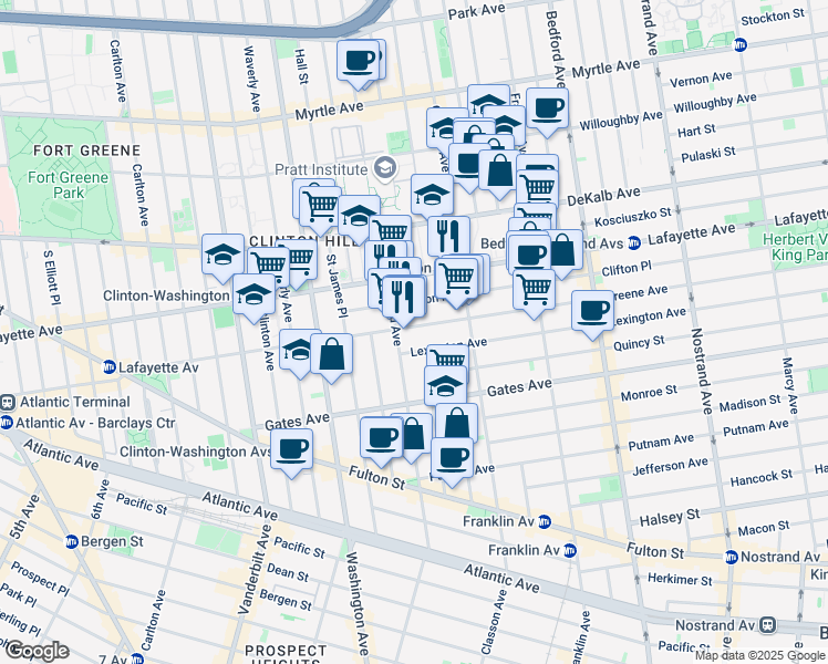 map of restaurants, bars, coffee shops, grocery stores, and more near 232 Greene Avenue in Brooklyn