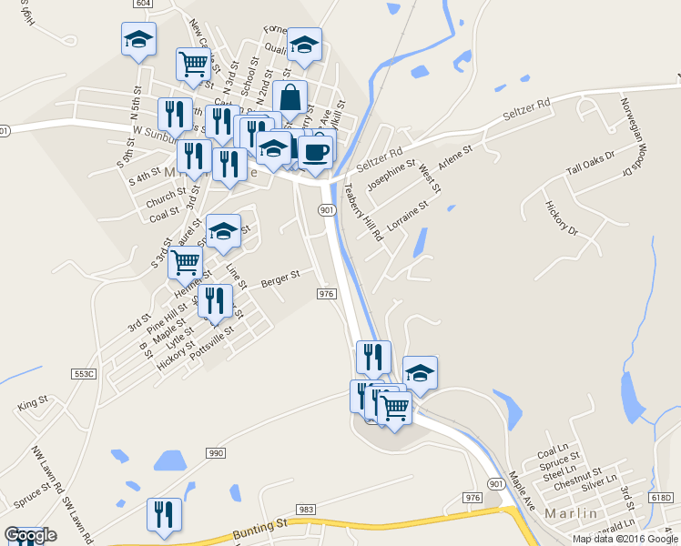 map of restaurants, bars, coffee shops, grocery stores, and more near 454 Pottsville Minersville Hwy in Minersville