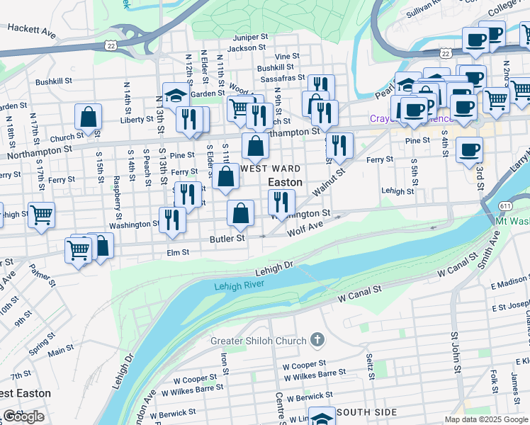 map of restaurants, bars, coffee shops, grocery stores, and more near 941 Washington Street in Easton