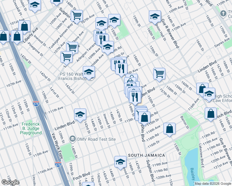 map of restaurants, bars, coffee shops, grocery stores, and more near 111-13 147th Street in Queens