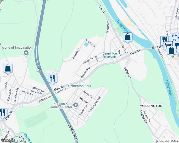 map of restaurants, bars, coffee shops, grocery stores, and more near 5473 Main Street in Lehigh County