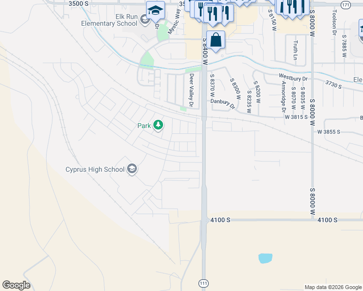 map of restaurants, bars, coffee shops, grocery stores, and more near 3891 Sediment Hill Drive in Magna