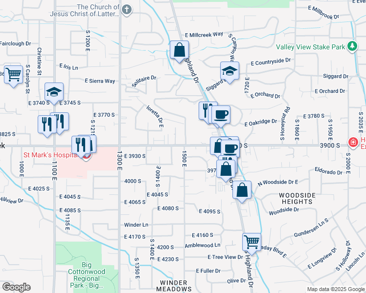 map of restaurants, bars, coffee shops, grocery stores, and more near 1485 East 3900 South in Salt Lake City