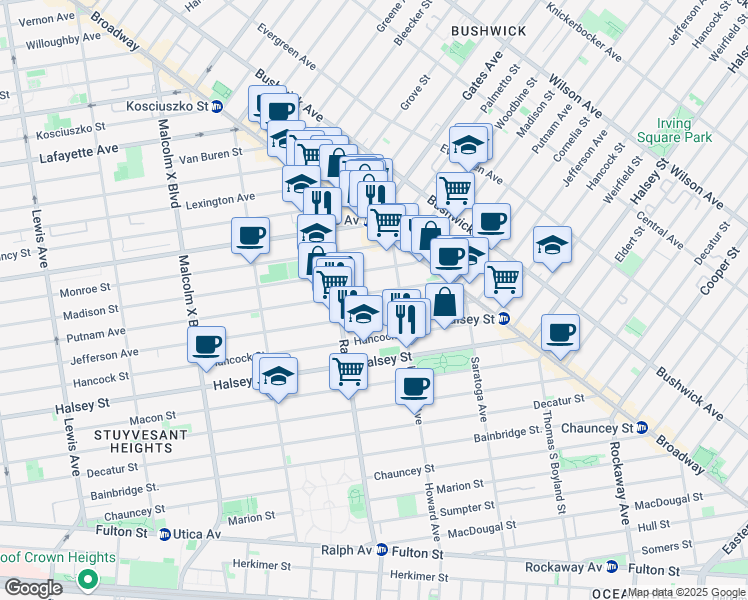 map of restaurants, bars, coffee shops, grocery stores, and more near 1004 Putnam Avenue in Brooklyn