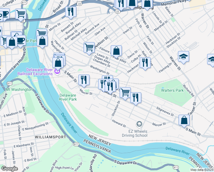 map of restaurants, bars, coffee shops, grocery stores, and more near 35 Sitgreaves Street in Phillipsburg